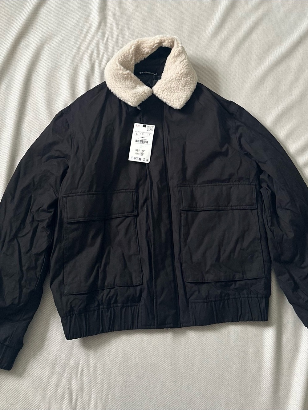 Zara Black Bomber Jacket with Cream Sherpa Collar